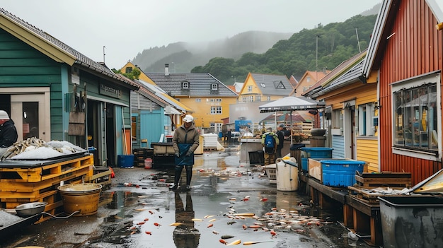 Un mercado de pescado con una variedad de puestos que venden mariscos frescos