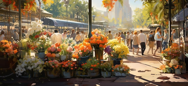 Foto mercado de la tienda de flores en la calle con la gente y algunas flores en el estilo de blanco oscuro y luz