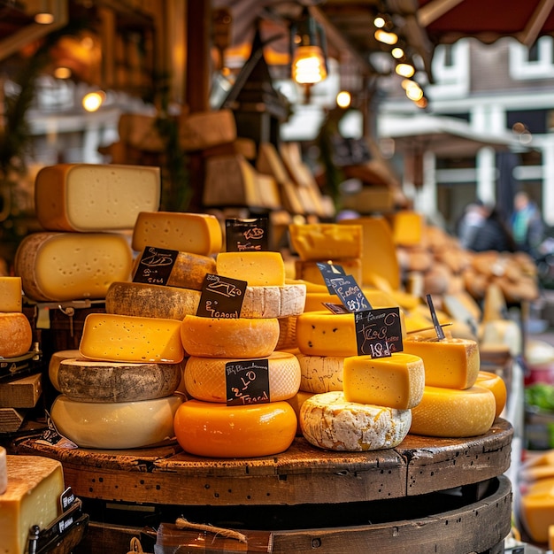 Mercado tradicional de queijo em Alkmaar Exibição de queijo empilhado