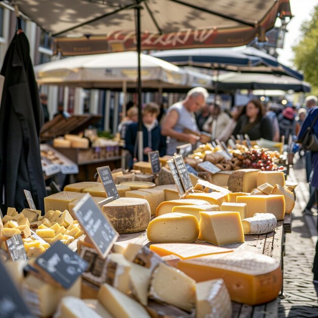 Foto mercado tradicional de queijo em alkmaar grupo de pessoas em torno da mesa de queijo