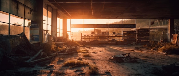 mercado vacío y niebla del coche paisaje post apocalipsis panorama abandonado destrucción de arte ultraancho