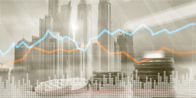 Mercado de valores o gráfico de compraventa de divisas Concepto de inversión comercial Línea azul y roja