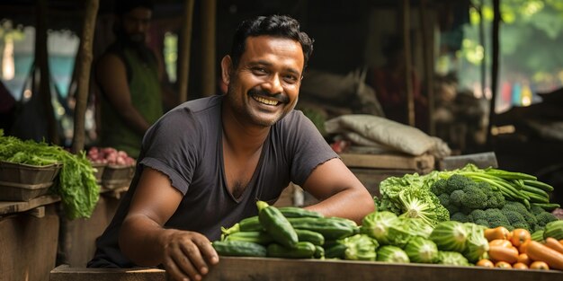 En el mercado un vendedor de verduras alegre con una sonrisa ofrece sus productos difundiendo vibraciones positivas y la frescura de los productos naturales Ai Generative AI