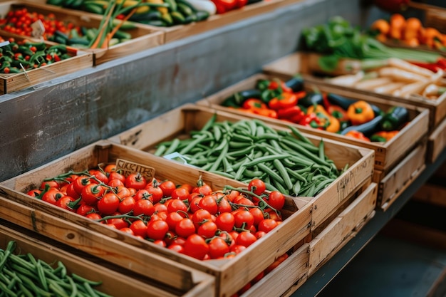 Mercado de verduras de cerca de bandejas de madera con verduras frescas Papel de pared de alimentos saludables