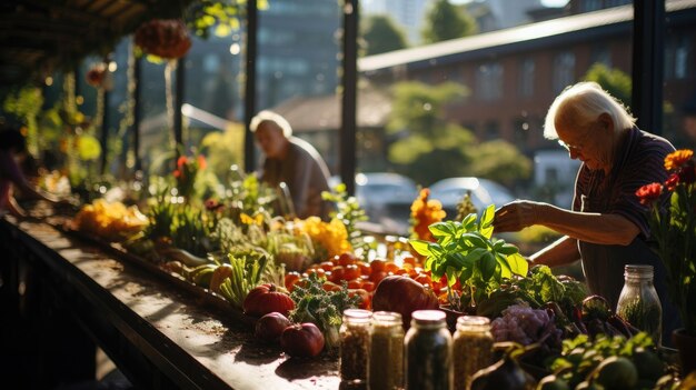 Mercado vibrante lleno de productos agrícolas orgánicos