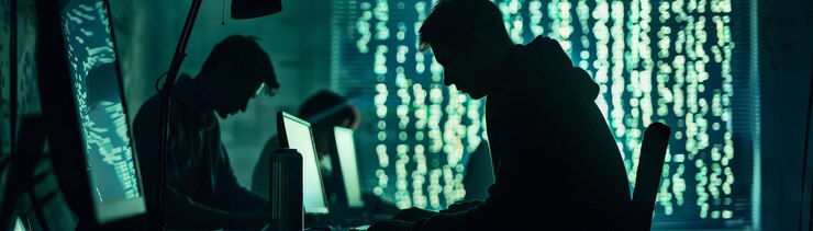 Mercado de la web oscura con figuras oscuras intercambiando datos robados una mirada encubierta al cibercrimen