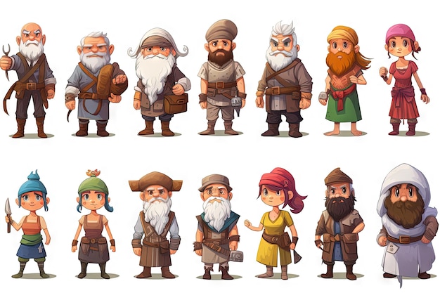 mercadores dadores de missões e aldeões jogo personagens de desenhos animados em fundo branco elementos de jogo npc