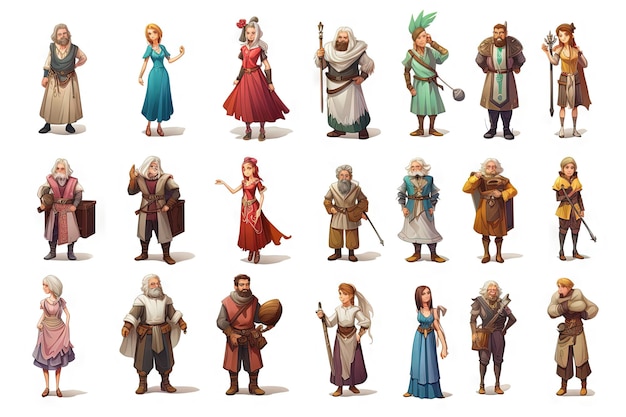 mercadores dadores de missões e aldeões jogo personagens de desenhos animados em fundo branco elementos de jogo npc