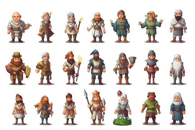 mercadores dadores de missões e aldeões jogo personagens de desenhos animados em fundo branco elementos de jogo npc