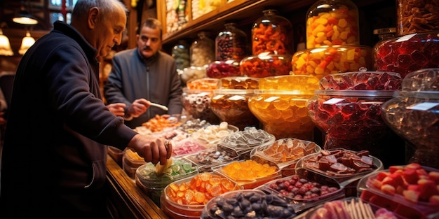 Mercados de Natal europeus a comprar doces no mercado