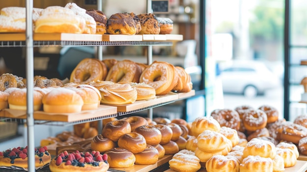 Foto mercancías recién horneadas expuestas en una panadería