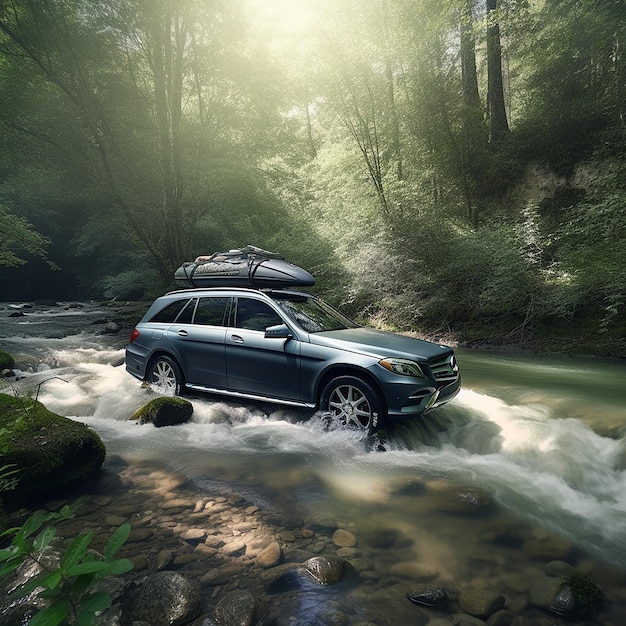 Un mercedes benz azul está cruzando un río en un bosque.