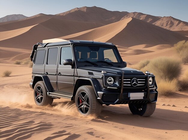 Foto mercedes benz g vagón negro en un desierto caliente