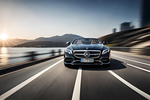 Un mercedes negro - coche benz está conduciendo por una carretera con montañas en el fondo.