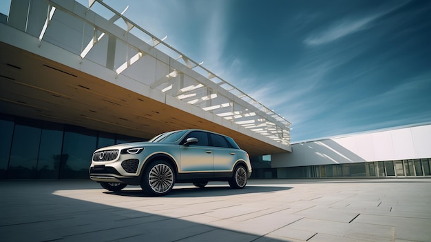 Un mercedes plateado - benz suv está estacionado en un estacionamiento.