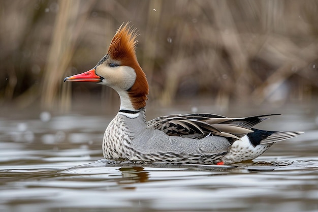 Un merganser de pecho rojo en un lago del norte