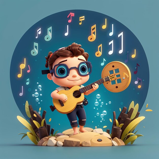 Foto mergulhador bonito tocando lira música desenho animado ícone vetorial ilustração ciência música vetor plano isolado