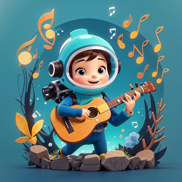 Foto mergulhador bonito tocando lira música desenho animado ícone vetorial ilustração ciência música vetor plano isolado