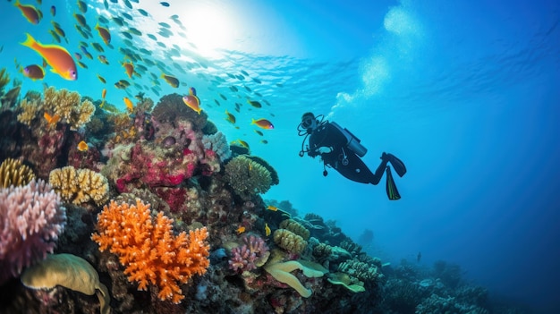 Mergulhador com recife de coral