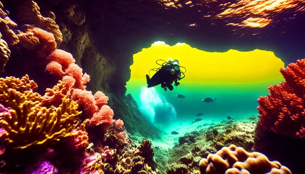 Mergulhador de águas profundas nadando em uma caverna oceânica profunda Exploração subaquática no abismo