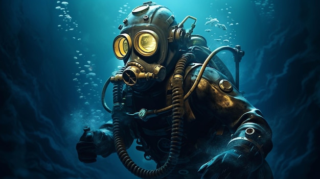 Mergulhador de águas profundas nadando no mar azul