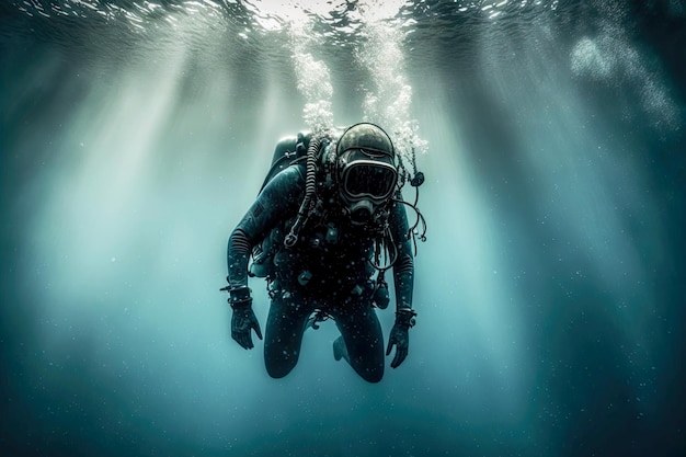 Mergulhador em traje de mergulho afundou no fundo e mergulho livre