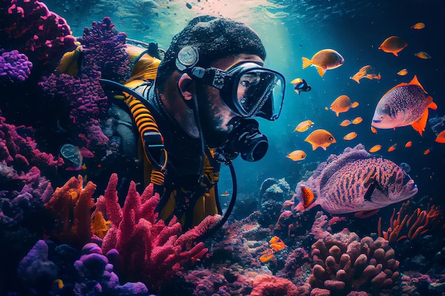 Mergulhador nadando no oceano com peixes Ilustração Generative AI