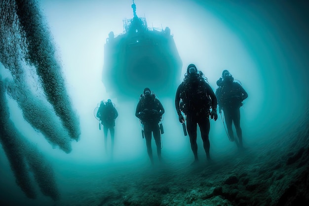 Mergulhadores em grupo em lama com pouca visibilidade no mar mergulho arriscado