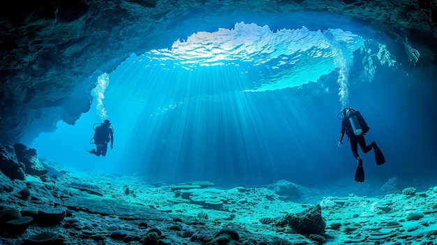 Foto mergulhadores explorando uma caverna de recife de coral nas profundezas do oceano