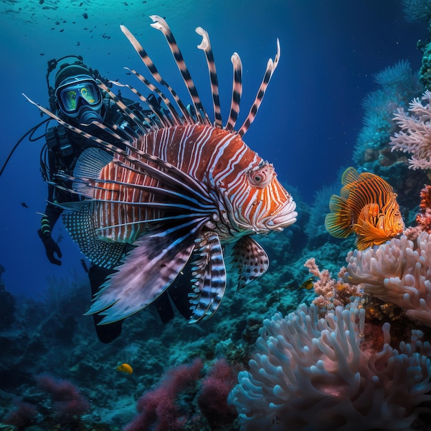 Mergulhadores perto do belo recife de coral cercado por cardumes de peixes coloridos Generative AI