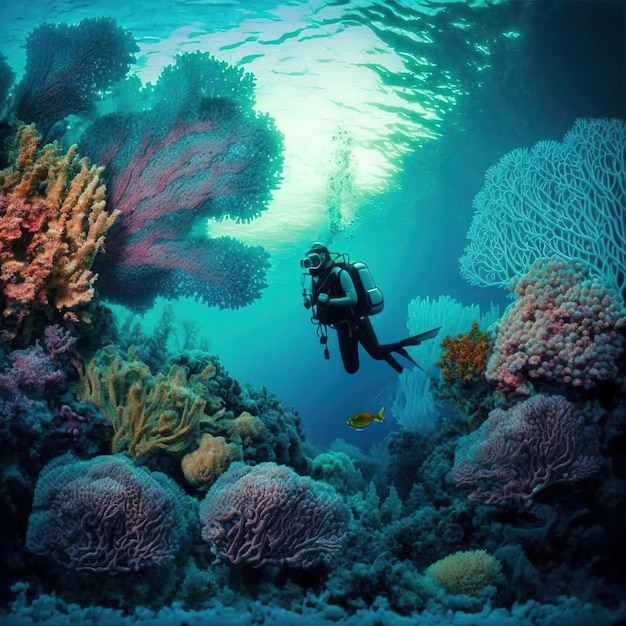 Mergulhadores perto do belo recife de coral cercado por cardumes de peixes coloridos Generative AI