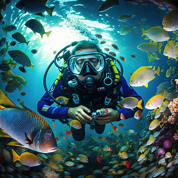 Mergulhadores perto do belo recife de coral cercado por cardumes de peixes coloridos Generative AI