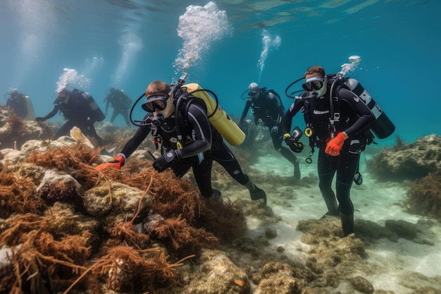 Mergulhadores recolhendo lixo e plástico do fundo do mar