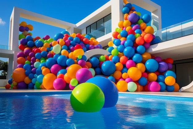 Foto mergulhando em um playground vibrante explorando uma casa de piscina cheia de bolas de plástico coloridas