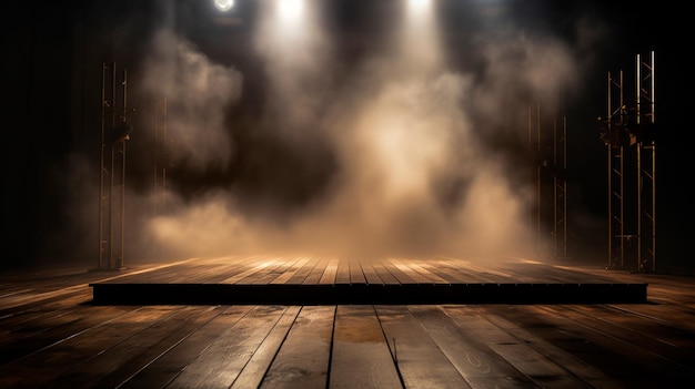 Foto mergulhe em um mundo etéreo palco escuro vazio transformado com neblina e holofotes marrons perfeitos para mostrar trabalhos artísticos e produtos generative ai