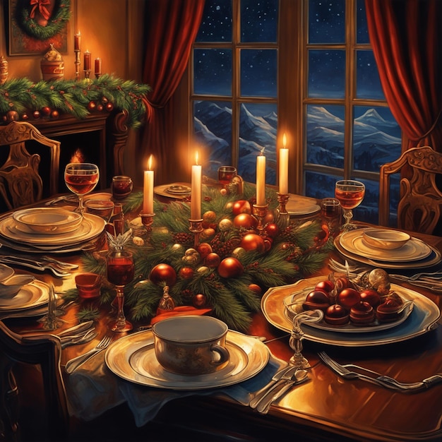 Foto mergulhe na elegância de uma experiência de jantar festiva onde uma decoração de mesa de natal ornamentada com ornamentos dourados e utensílios de mesa elegantes prepara o palco para uma festa de férias memorável