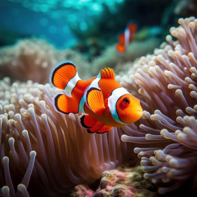 Mergulhe na vida marinha vibrante com um peixe-palhaço nadando entre corais coloridos e anêmonas.