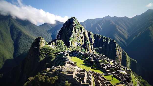 Mergulhe no fascínio místico das ruínas de Machu Picchu, no Peru, documentadas através de imagens cativantes de drones geradas por IA