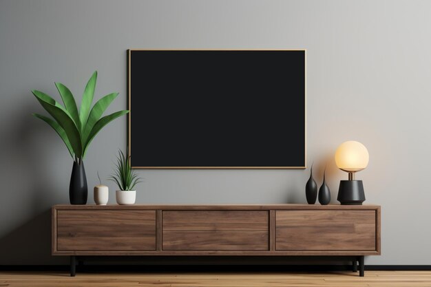 Mergulhe no luxo inspirado no zen com um modelo de Smart TV com uma tela preta em branco pendurada