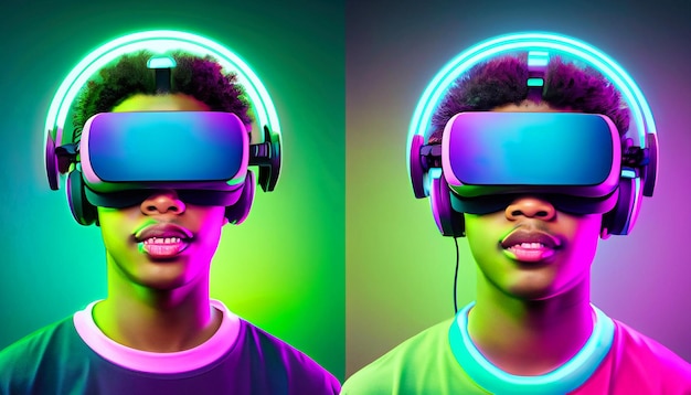 Foto mergulhe no mundo cyberpunk ilustrações em 4k de menino usando fone de ouvido vr em cores vibrantes e poses opostas