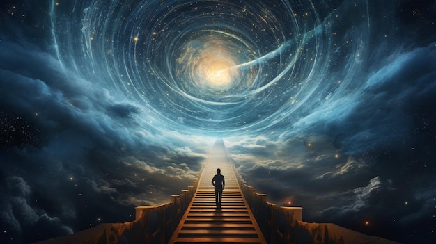 Mergulhe no universo cativante de Cosmic Wanderlust Esta imagem inspiradora retrata um explorador espacial solitário em pé, resoluto, em uma plataforma suspensa na expansão cósmica.