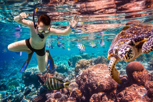 Mergulho com snorkel ao longo do coral cérebro. Recife de corais do Oceano Índico das Maldivas.