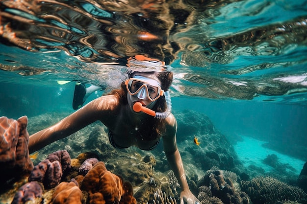 Mergulho com snorkel em recifes de corais tropicais criados com IA generativa