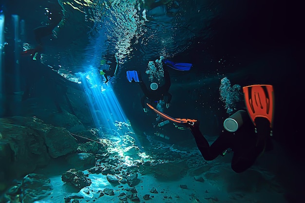 mergulho em caverna, mergulhador debaixo d'água, caverna escura, paisagem de caverna