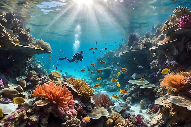 Mergulho num recife de coral tropical com peixes e corais