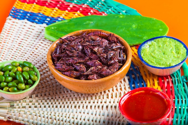 Foto merienda de chapulines de saltamontes. comida tradicional mexicana