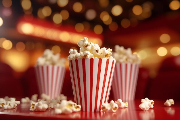 Merienda de palomitas de maíz en concepto de comida de cine de cubos a rayas