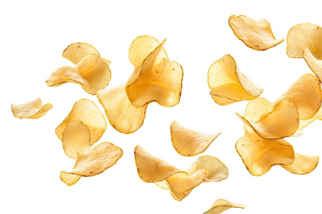 Merienda vegetariana sobre chips vegetales caseros blancos flotando creativamente con patatas fritas cayendo en el fondo