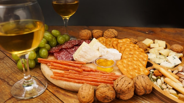 Merienda para vino Plato de queso y carne Salchicha queso nueces uvas galletas en mesa de madera Comida italiana para una cita romántica o una reunión con amigos