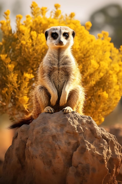 Foto una merkata sentada en la cima de una gran roca